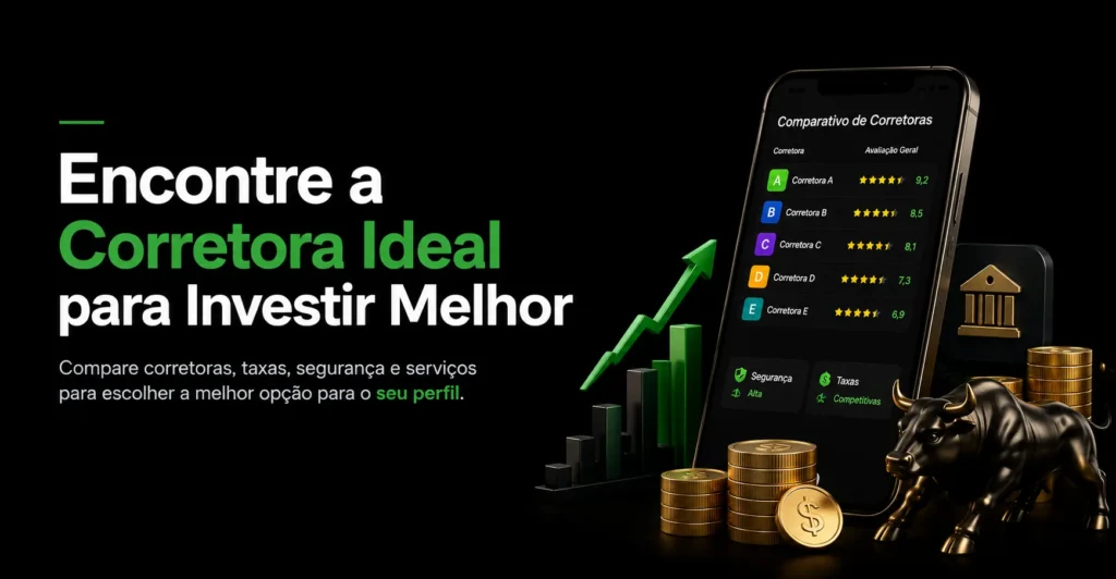 Ilustração de uma corretora ideal para investir melhor, com celular exibindo comparativo de corretoras, gráficos, moedas e touro representando o mercado financeiro.