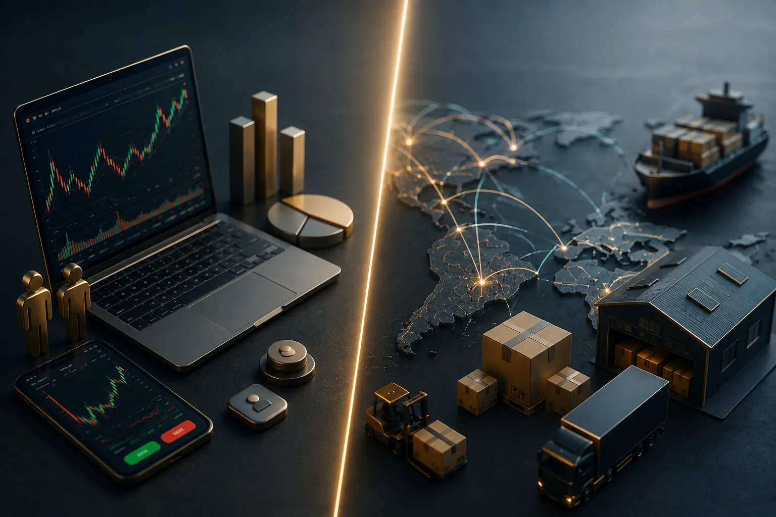 Comparação visual entre operações financeiras e atividades de distribuição