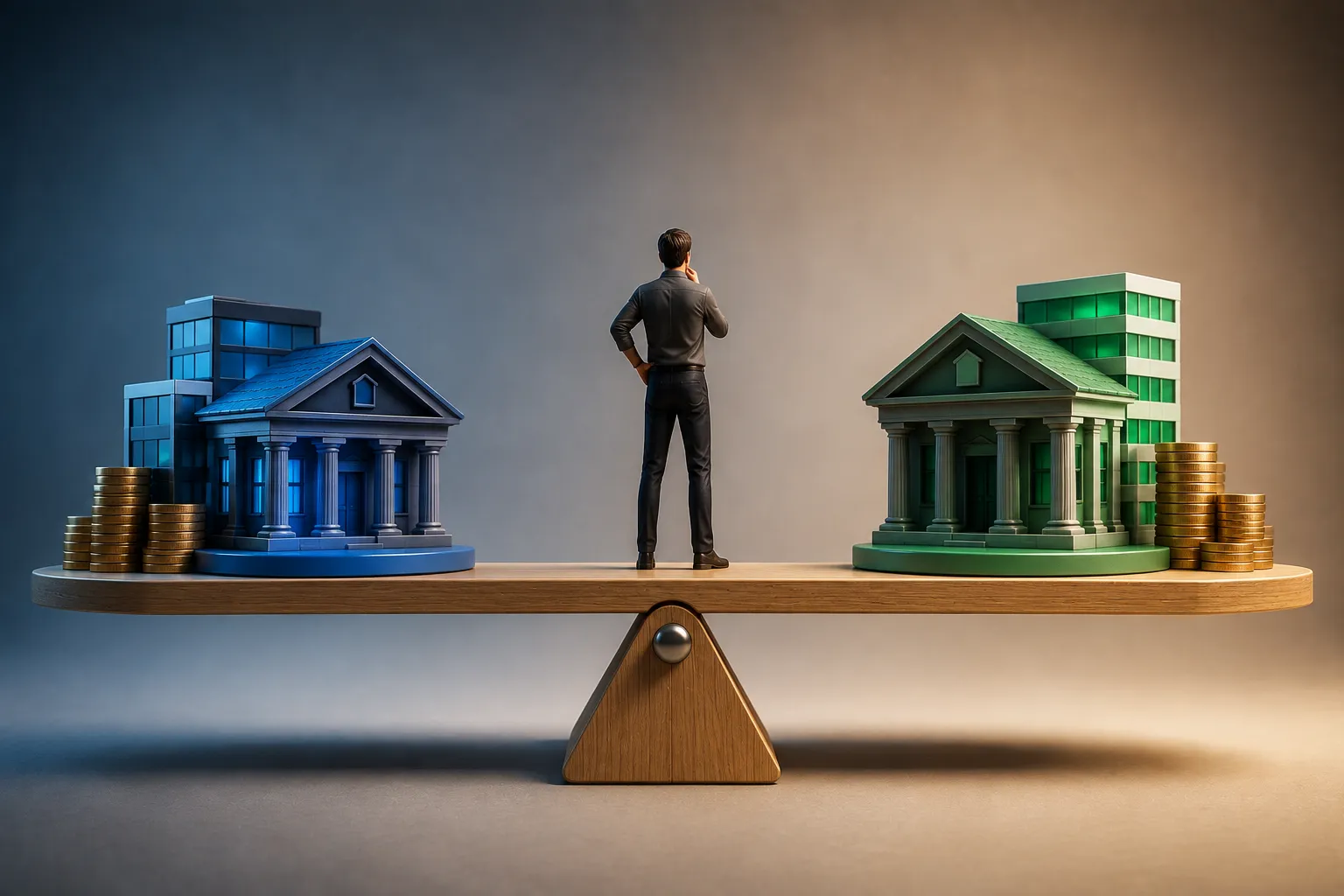 Pessoa avaliando duas opções de instituições financeiras para diversificar seus investimentos
