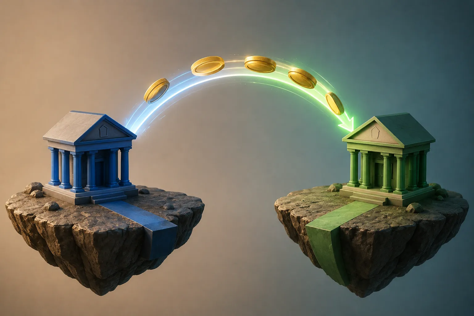 Moedas sendo transferidas entre duas instituições financeiras