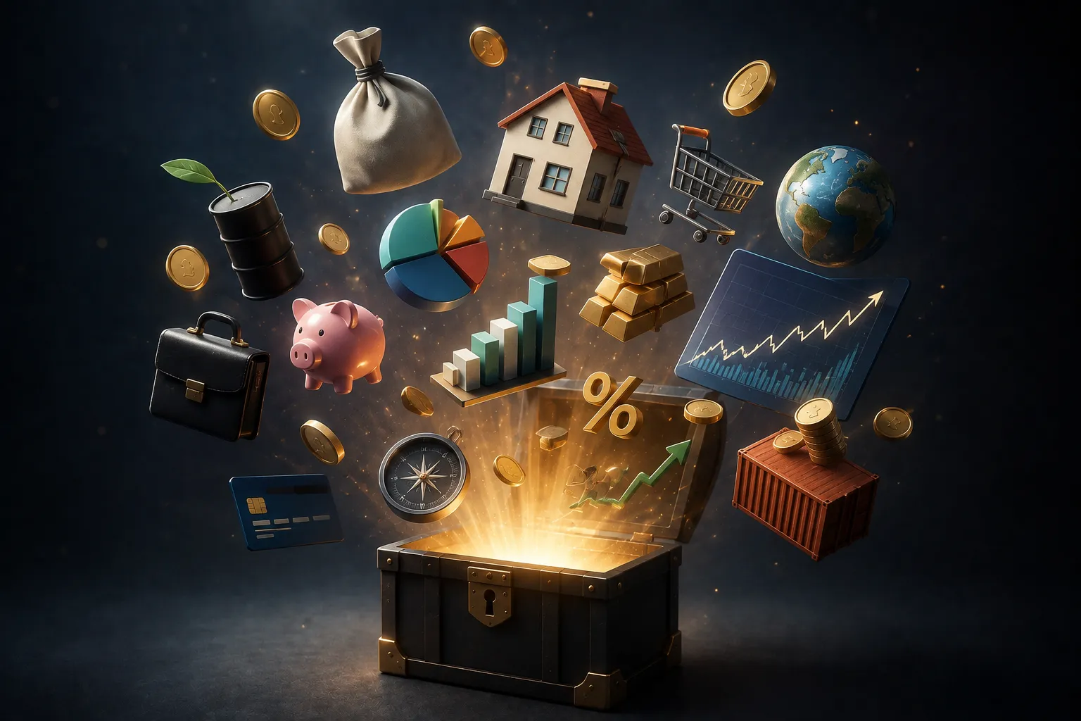 Diversos tipos de investimentos representados em uma composição financeira