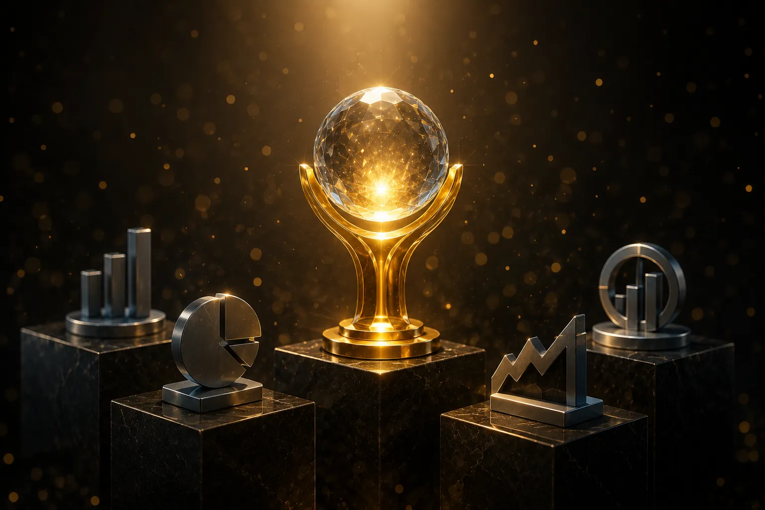 Troféu dourado cercado por indicadores e símbolos do mercado financeiro
