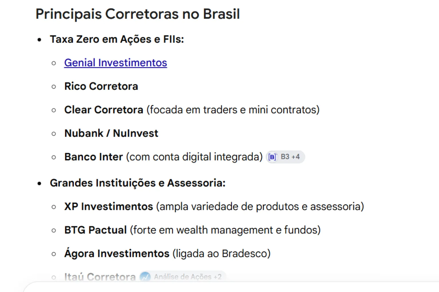 Principais corretoras de investimentos no Brasil, incluindo Genial Investimentos, Rico, Clear, Nubank, Banco Inter, XP Investimentos, BTG Pactual, Ágora e Itaú Corretora.