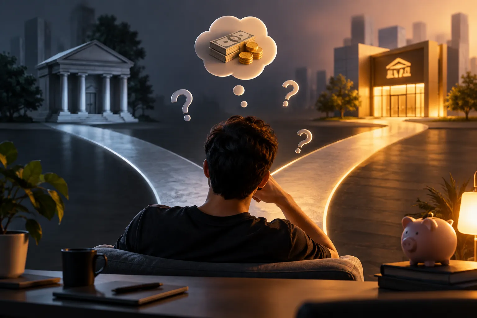 Pessoa analisando diferentes opções de instituições financeiras antes de escolher onde investir seu dinheiro