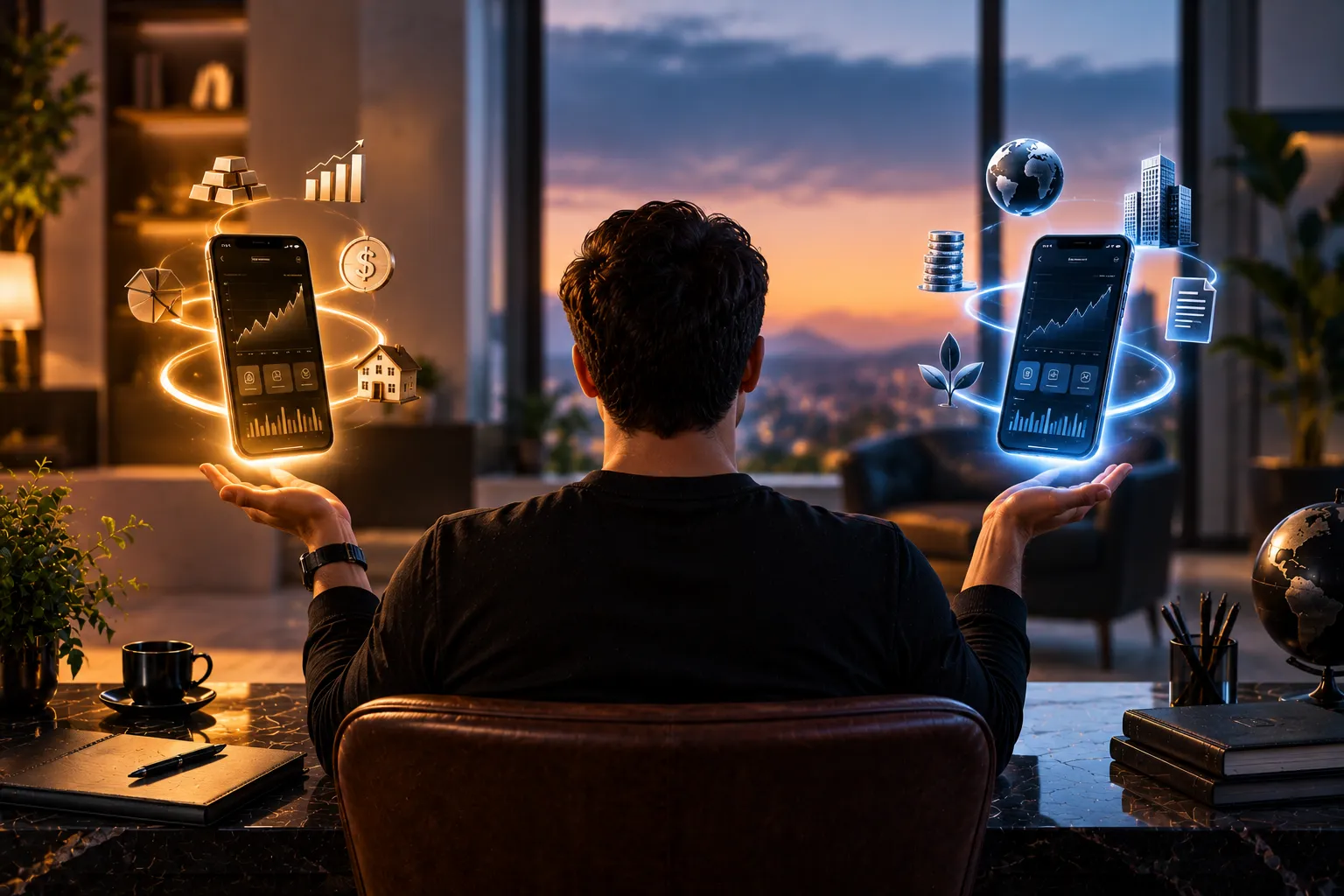 Investidor utilizando duas plataformas financeiras para manter contas na XP e no BTG Pactual