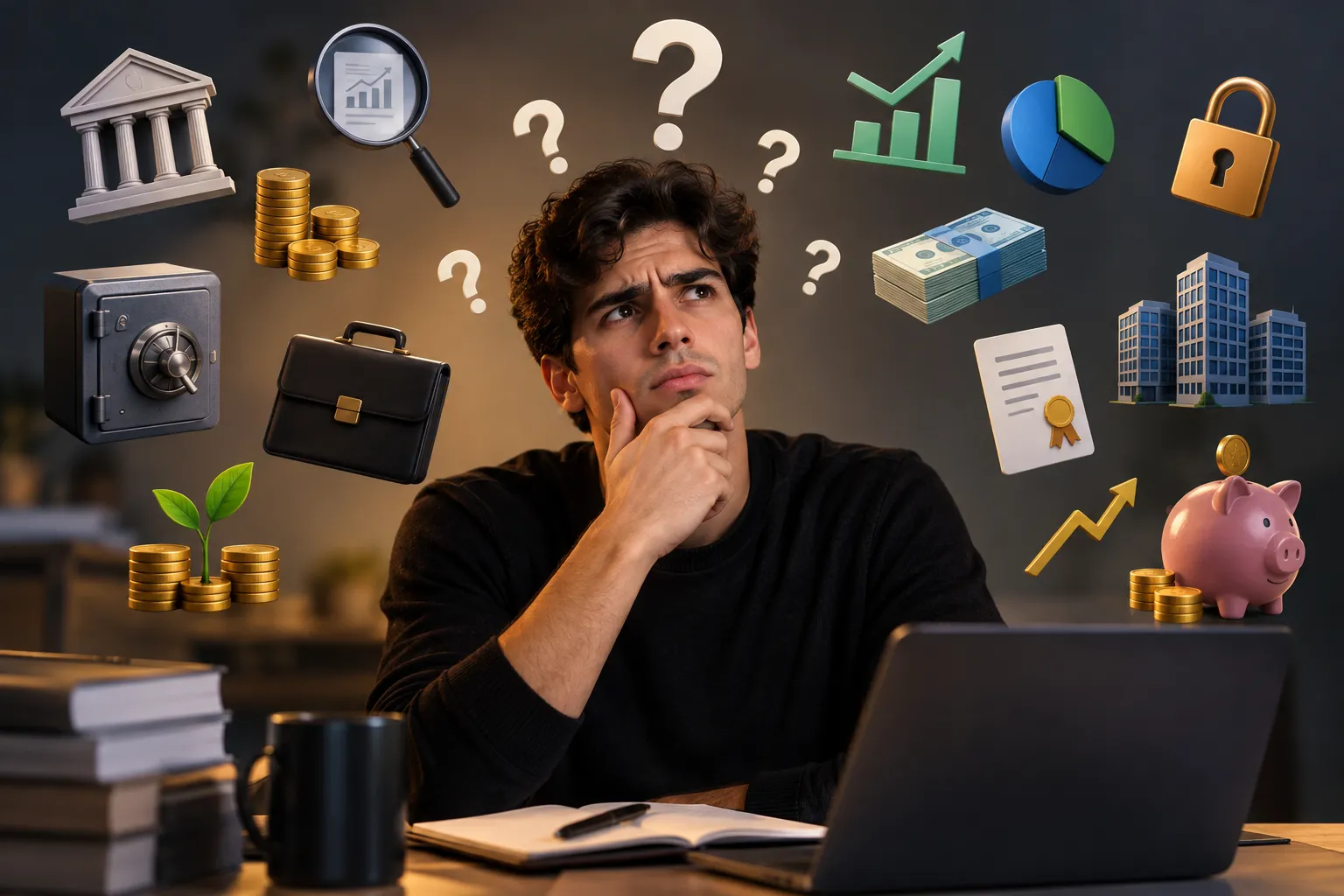 corretora rico é segura: Pessoa confusa aprendendo sobre investimentos e termos do mercado financeiro