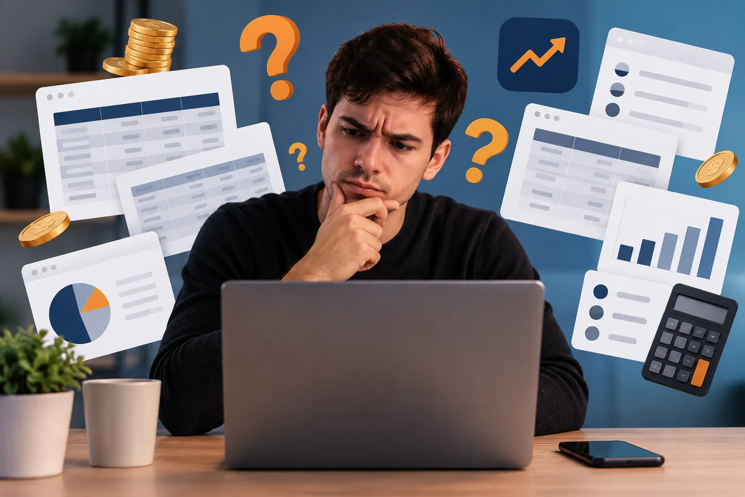 Pessoa analisando taxas rico em meio a tabelas e informações financeiras