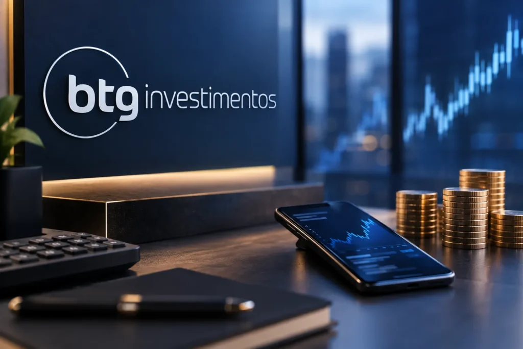 Taxas BTG Investimentos com celular, moedas e gráfico financeiro