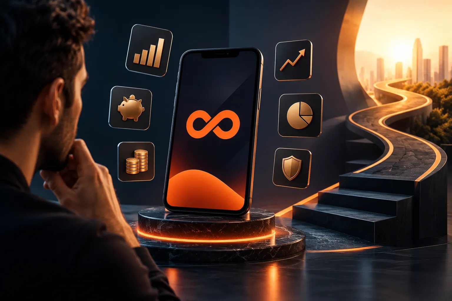 Pessoa analisando investimentos em smartphone com elementos financeiros e gráfico de crescimento, representando a corretora Rico.