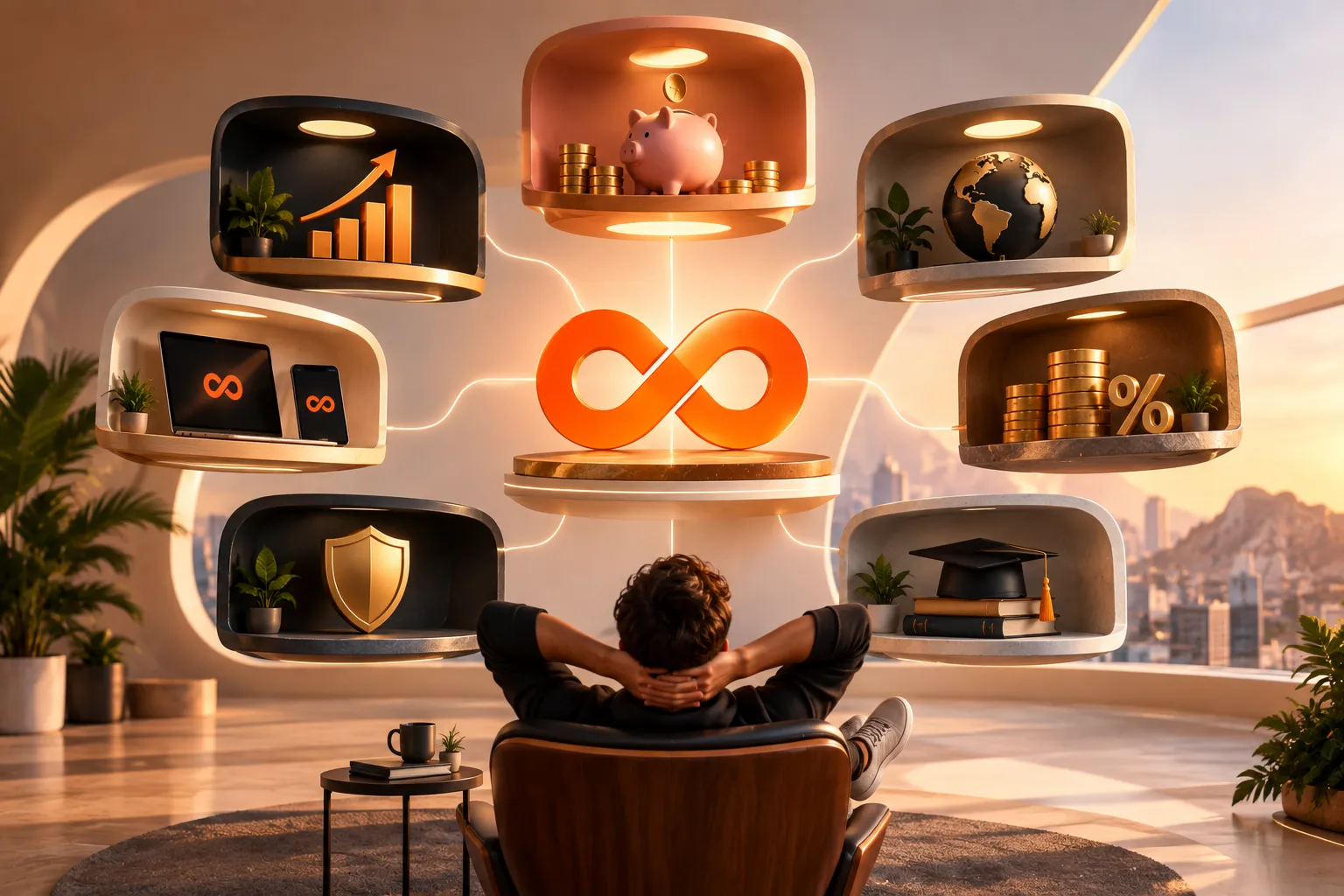 Símbolo da Rico cercado por elementos de crescimento, tecnologia, segurança, educação financeira e investimentos, representando as vantagens da corretora.