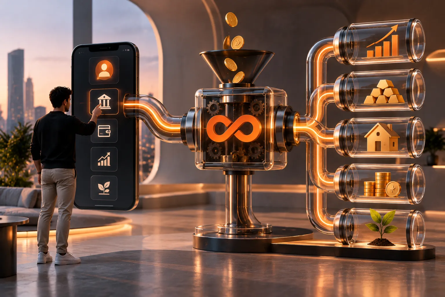 Investidor usando smartphone conectado a um sistema de investimentos com moedas, gráficos, ouro, imóveis e outros ativos financeiros, representando o funcionamento da corretora Rico.