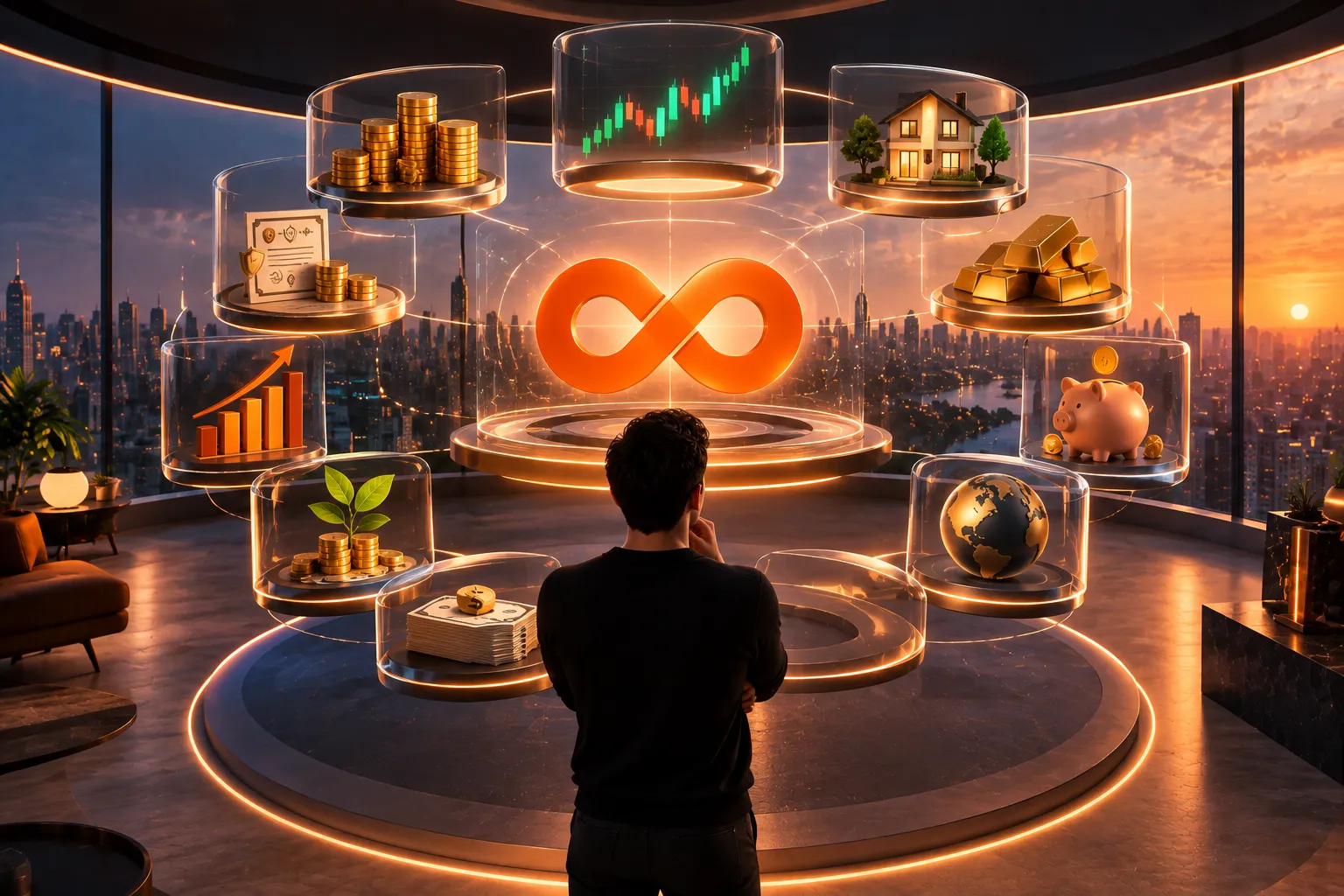 Investidor diante de uma plataforma com diferentes opções de investimentos, incluindo ações, imóveis, ouro, moedas, renda fixa e fundos.