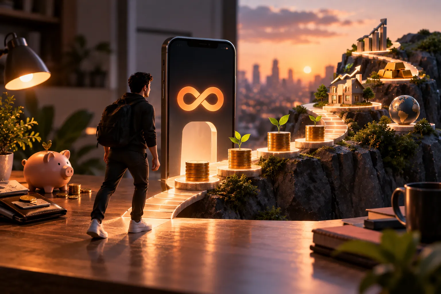 Investidor com poucas moedas diante de um caminho de crescimento financeiro, com smartphone, cofrinho, plantas e diferentes opções de investimento.