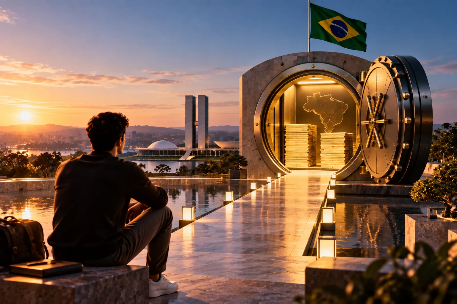 Investidor diante de um cofre com o mapa do Brasil, dinheiro e símbolos financeiros, representando investimentos no Tesouro Direto pela corretora Rico.