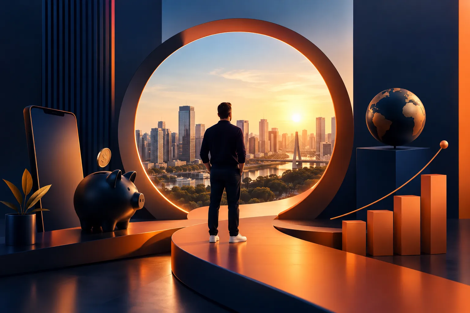 Rico Investimentos em cenário moderno com elementos de investimento e crescimento financeiro