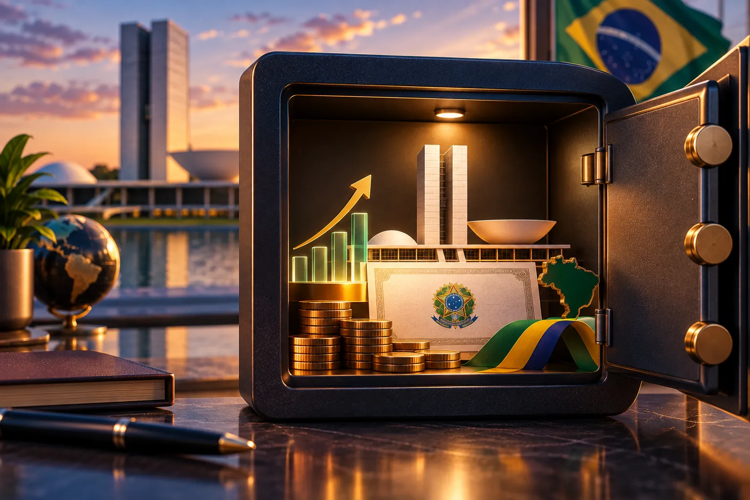Taxas da Rico para investir no Tesouro Direto representadas por títulos públicos, moedas e símbolos do Brasil