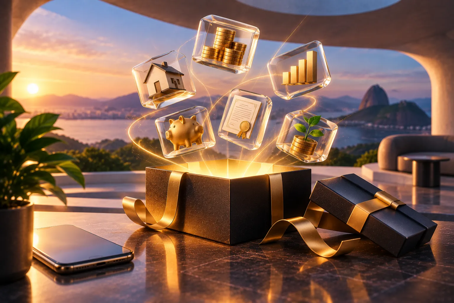 Investir pela Rico é gratuito representado por investimentos, moedas e caixa aberto
