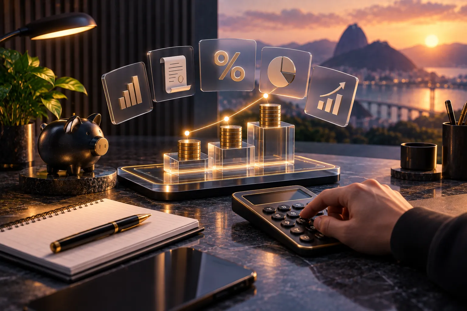 Como calcular as taxas da Rico representado por calculadora, moedas e gráficos financeiros