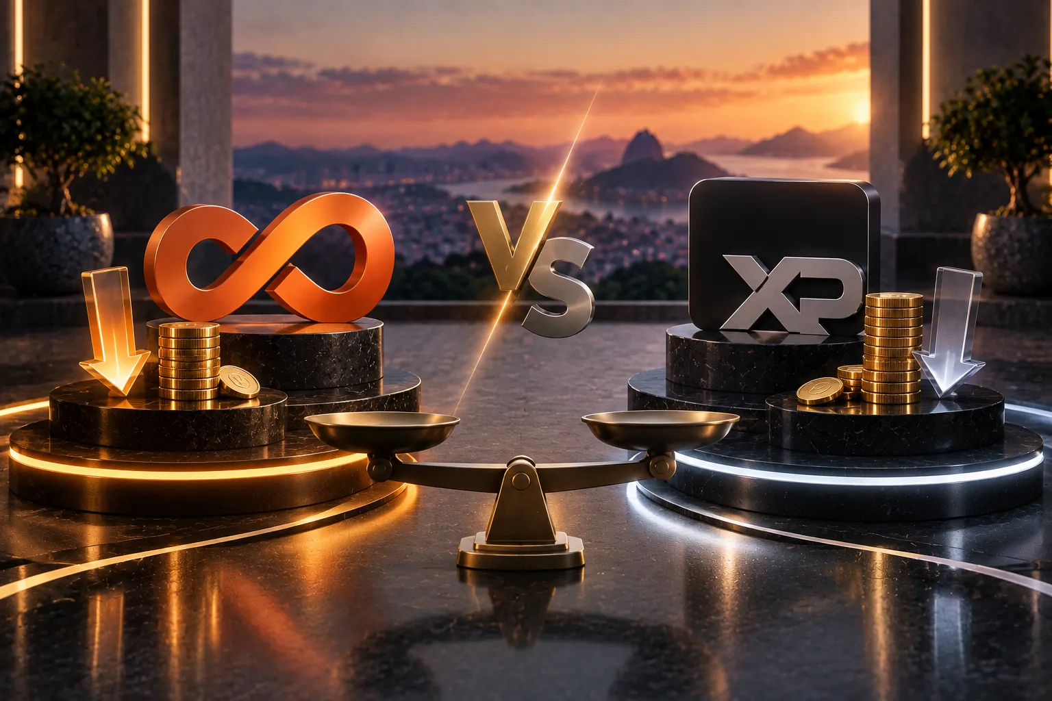 Comparação das taxas da Rico e XP representada por balança, moedas e símbolos das corretoras
