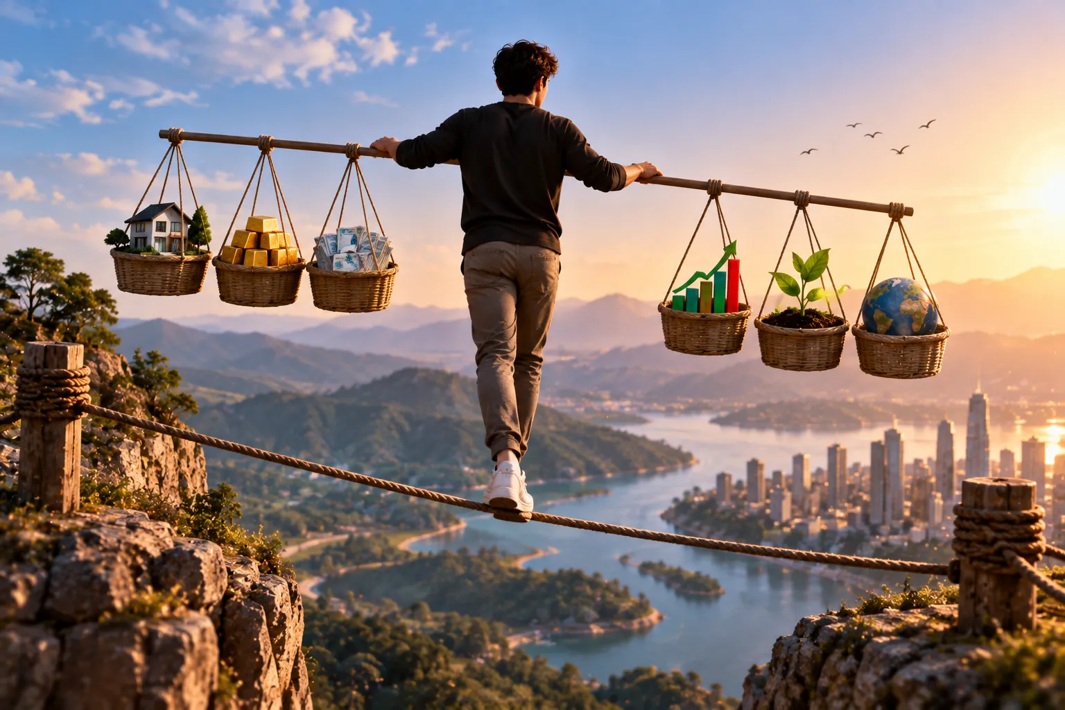 Investidor equilibrando diferentes tipos de ativos para diversificar seus investimentos