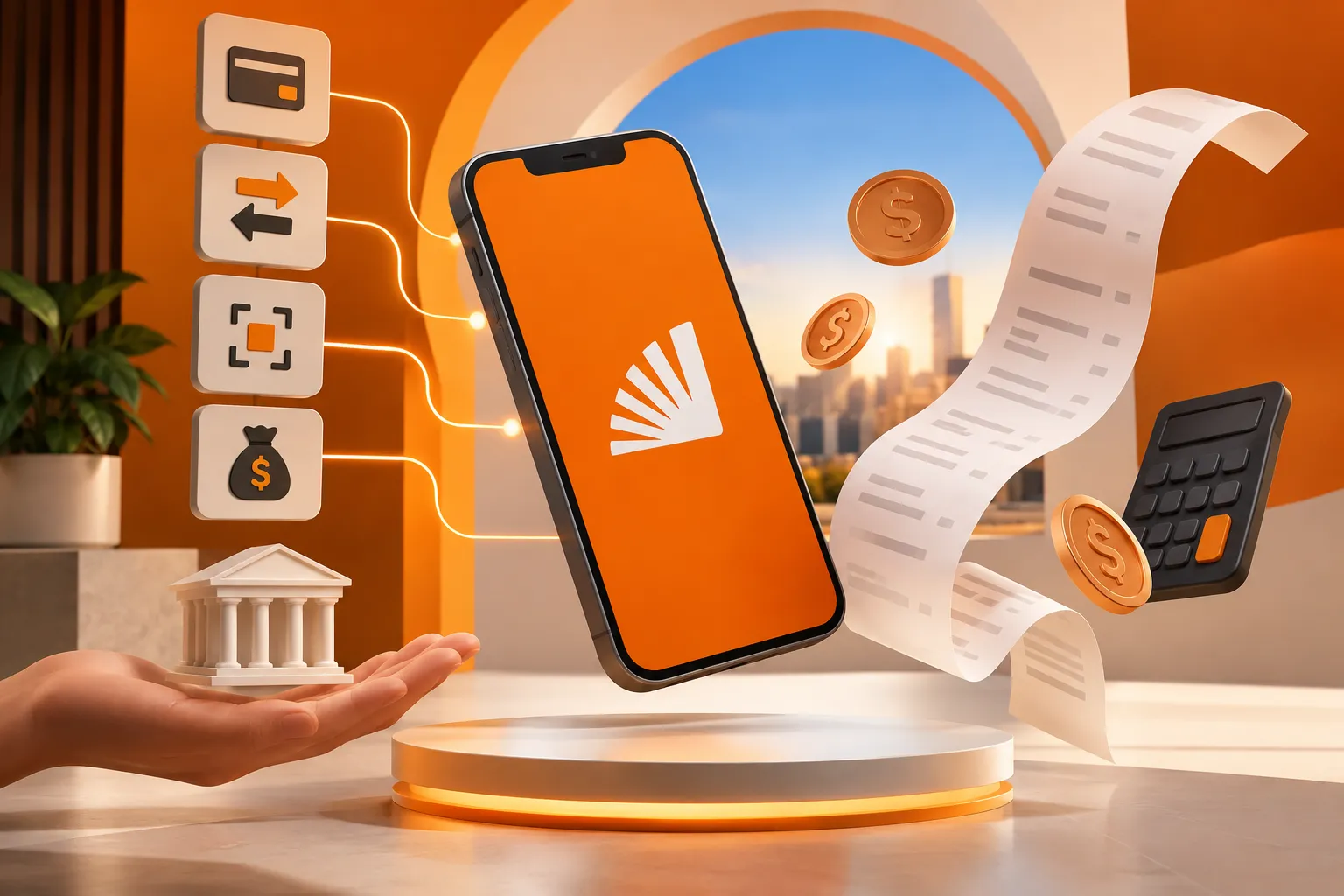 Taxas do Inter e serviços bancários representados por celular, moedas e calculadora