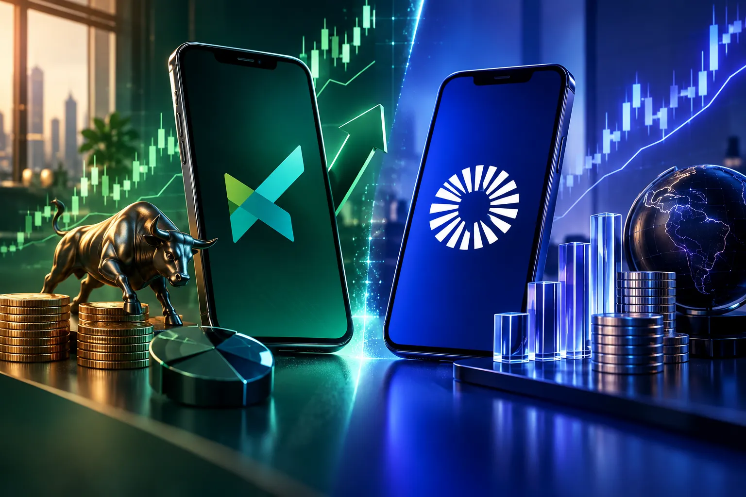 Comparativo entre Modalmais e Clear em smartphones com gráficos de investimentos