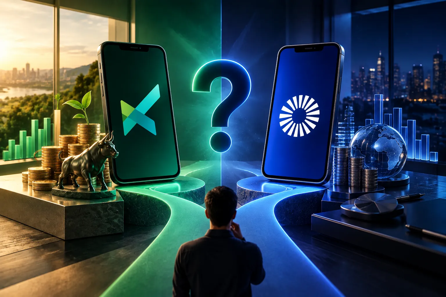 ModalMais ou Clear para investir, representadas por smartphones em uma comparação visual no mercado financeiro