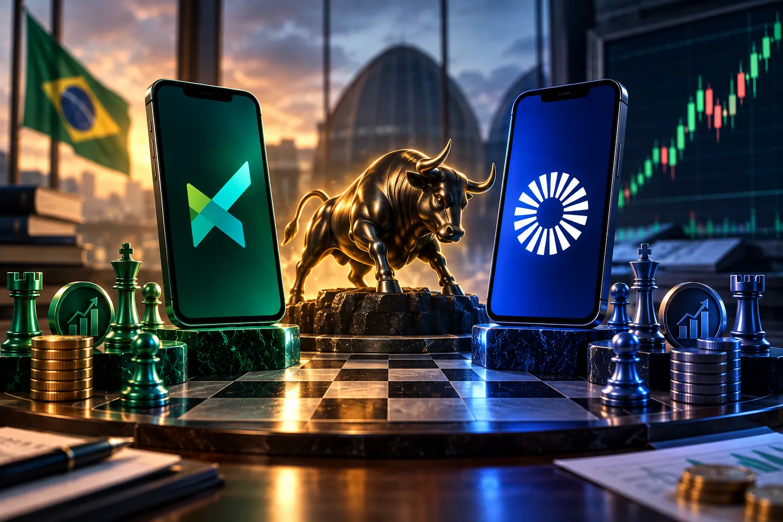 comprar ações, com smartphones, gráfico de alta e elementos do mercado financeiro