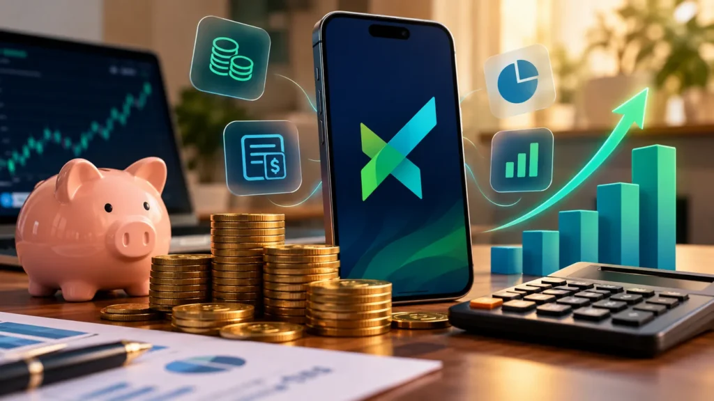 Taxas Modalmais e custos para investir representados por celular, moedas e calculadora financeira