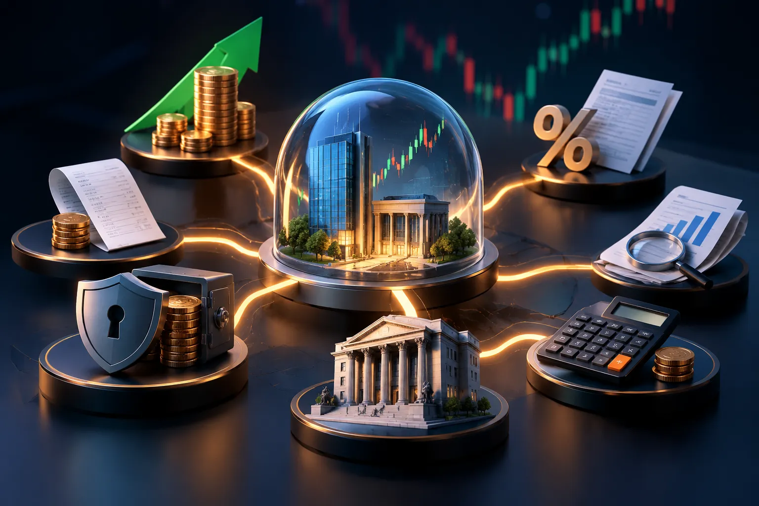 Taxas e tarifas para investir pela ModalMais, representadas por moedas, calculadora, documentos financeiros e símbolos de impostos.