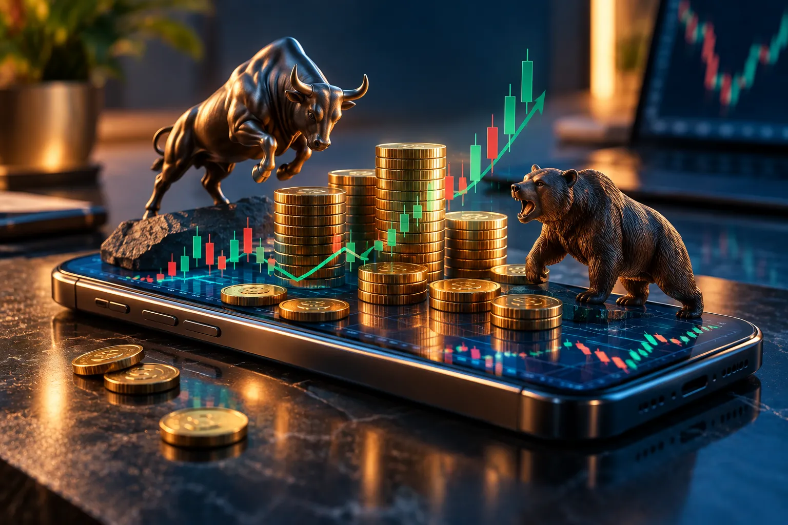 Custo para operar pela ModalMais representado por moedas, gráficos de ações e símbolos do mercado financeiro em um smartphone.