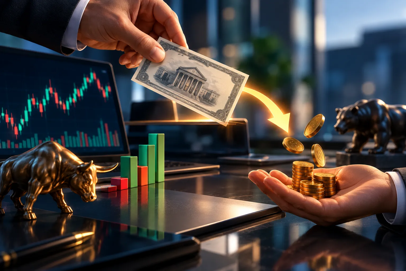 Venda de ações em corretora representada por dinheiro, moedas, gráficos de mercado e símbolos de negociação financeira.