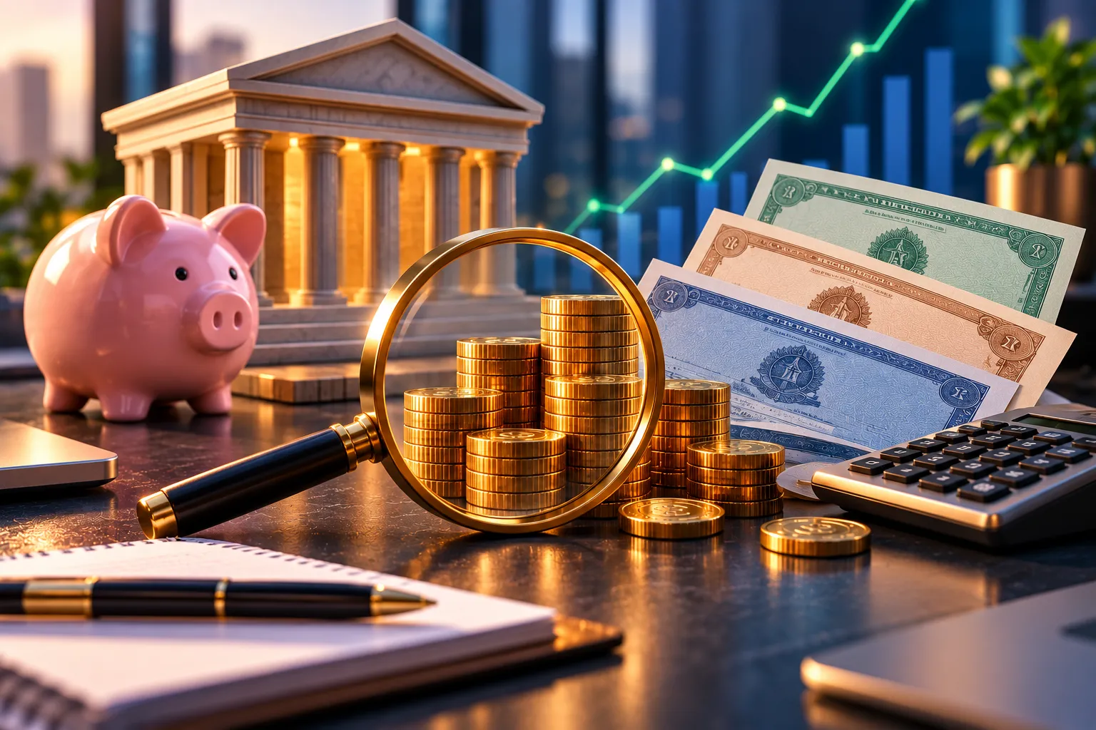 Taxas da ModalMais para renda fixa representadas por moedas, lupa, calculadora, investimentos e elementos financeiros.