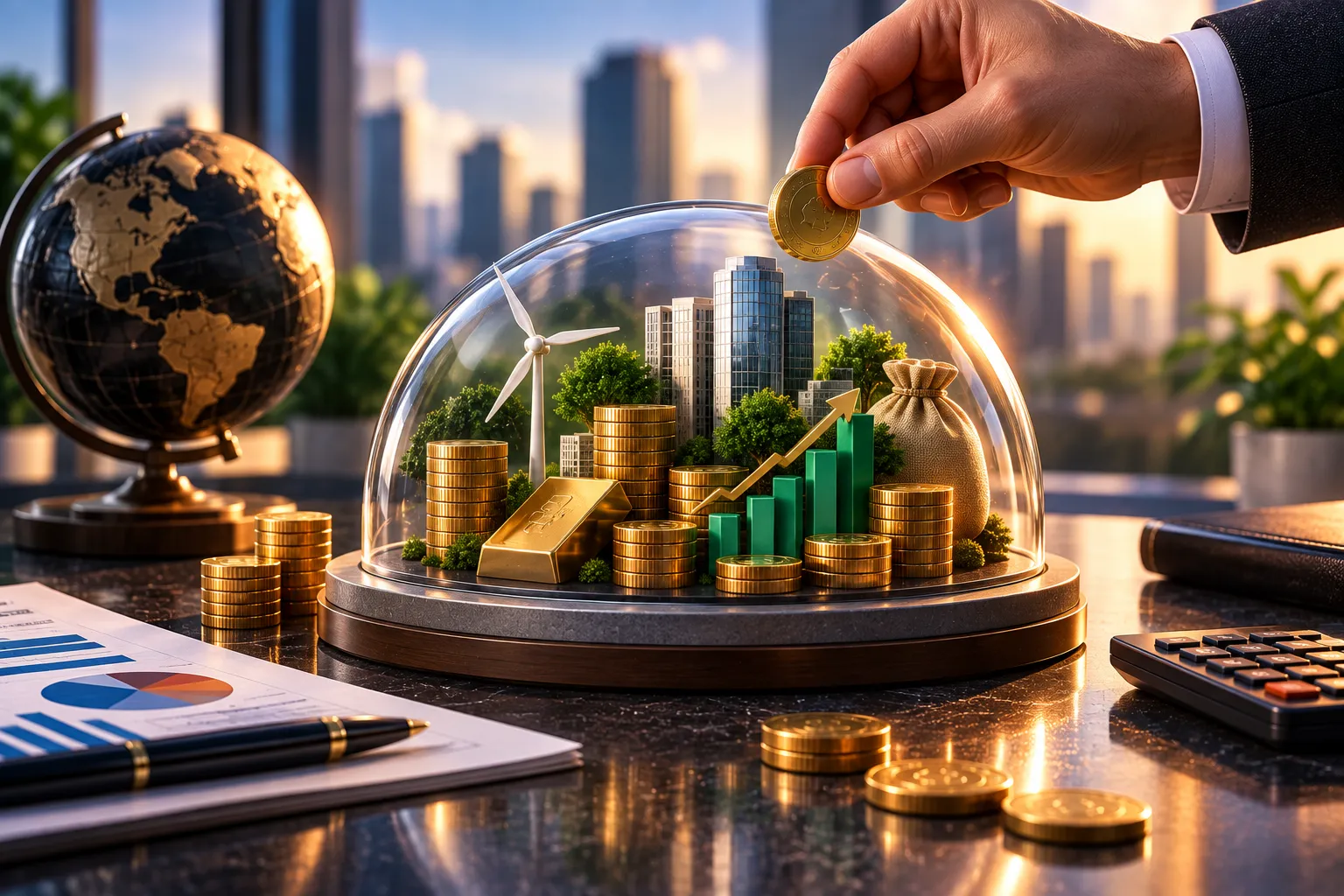 Taxas da ModalMais para fundos de investimento representadas por moedas, gráficos de rentabilidade, calculadora e elementos de gestão financeira.