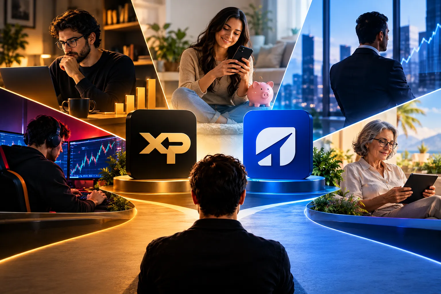 Diferentes perfis de investidores comparando opções de investimento entre XP e Toro