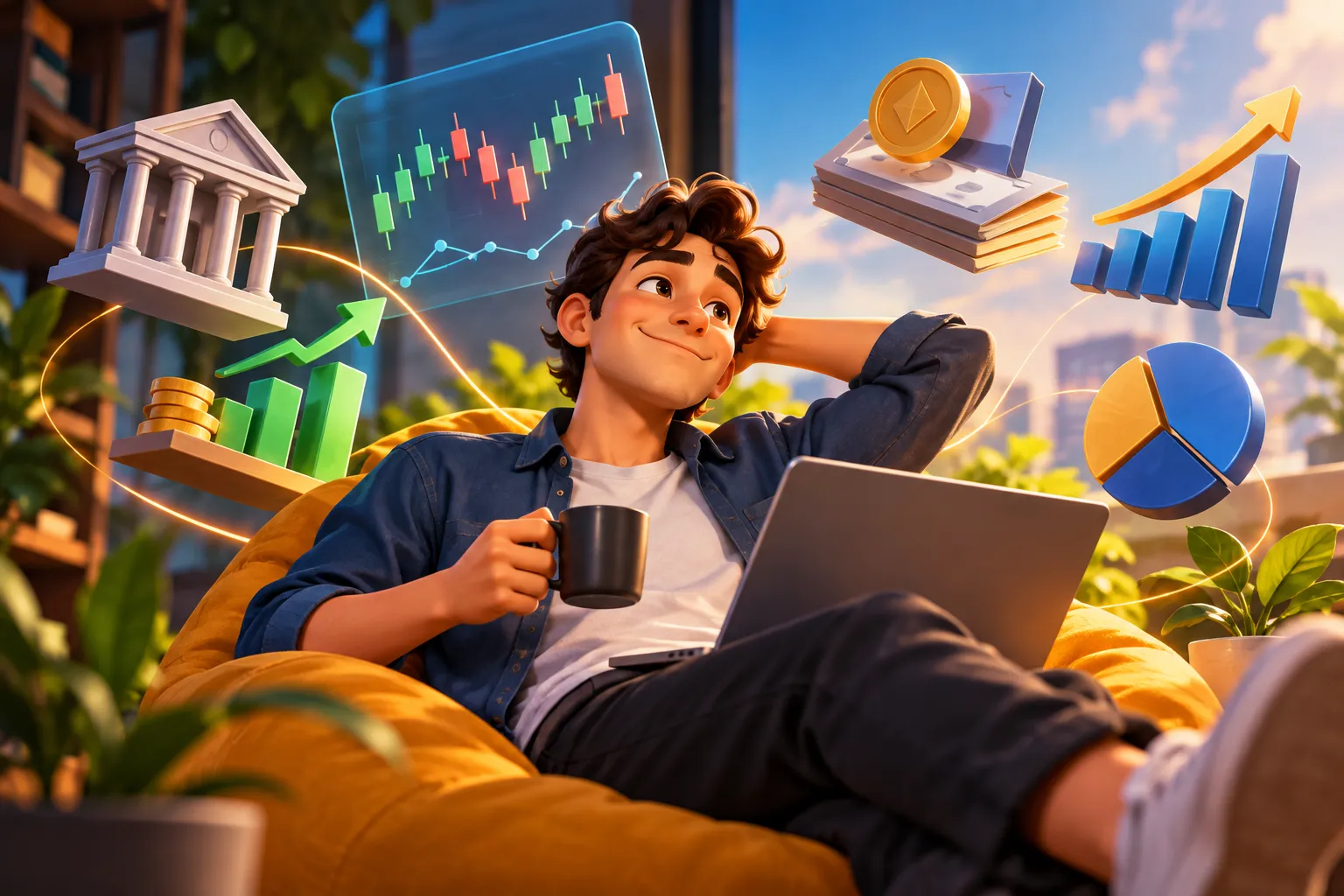 Pessoa estudando mercado financeiro de forma simples com gráficos e elementos de investimentos