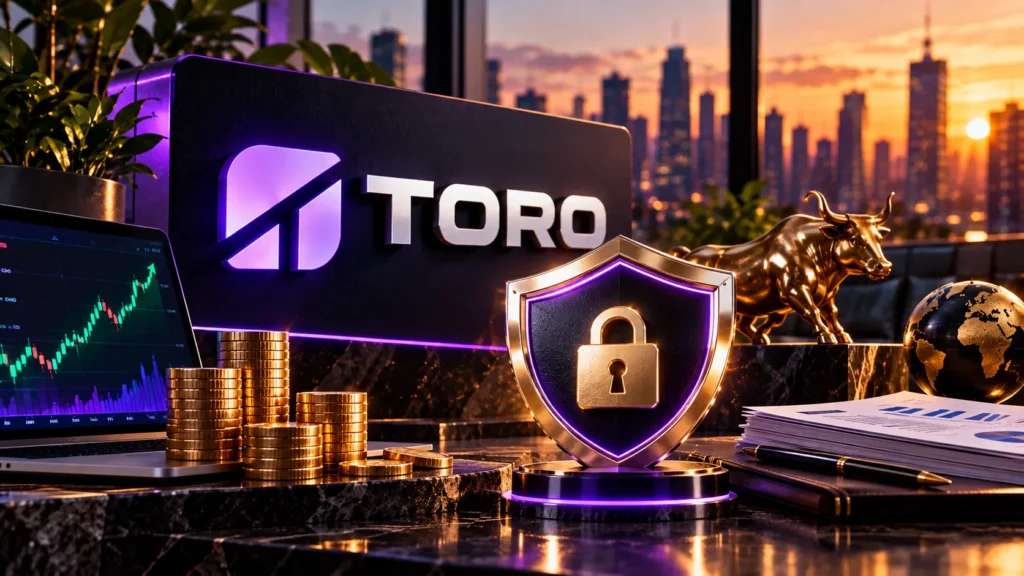 Corretora Toro é segura representada por escudo de proteção, gráficos e investimentos