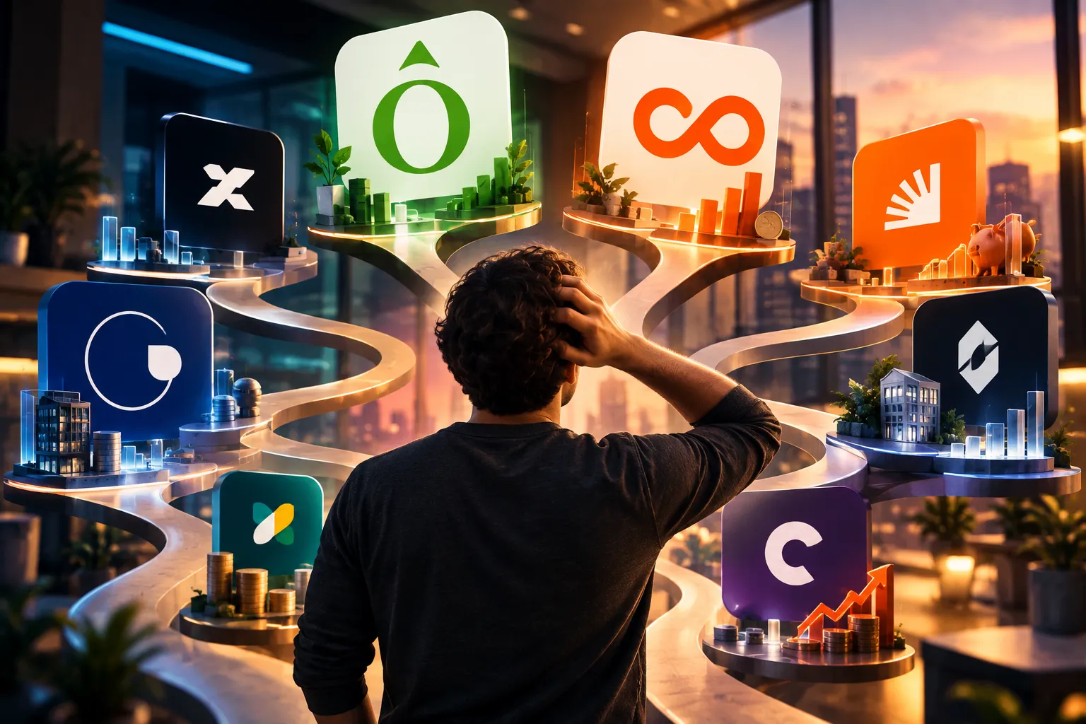 Pessoa comparando diferentes corretoras de investimentos antes de escolher onde investir